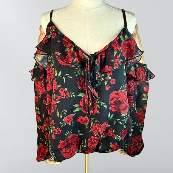Disney Pixar Coco Black & Red Rose Print Floral Cold Shoulder Top - Picture 1 of 5